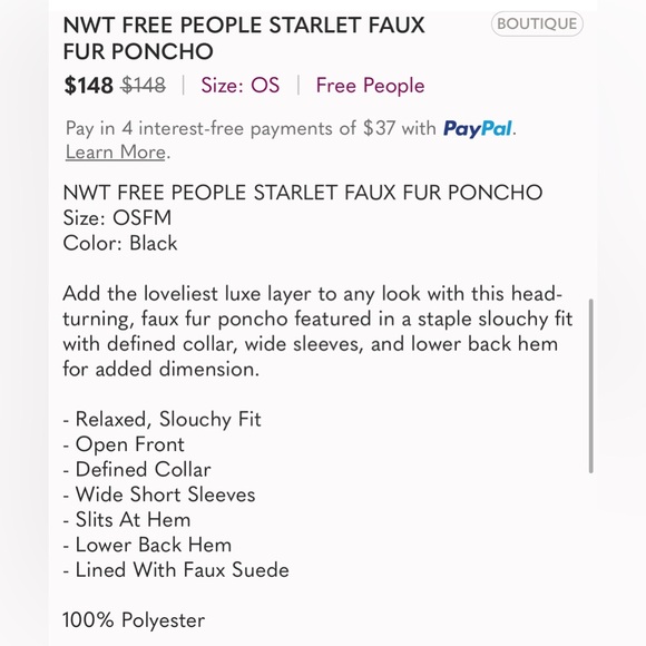 NWT Free People Starlett Faux Fur Poncho - Picture 5 of 5